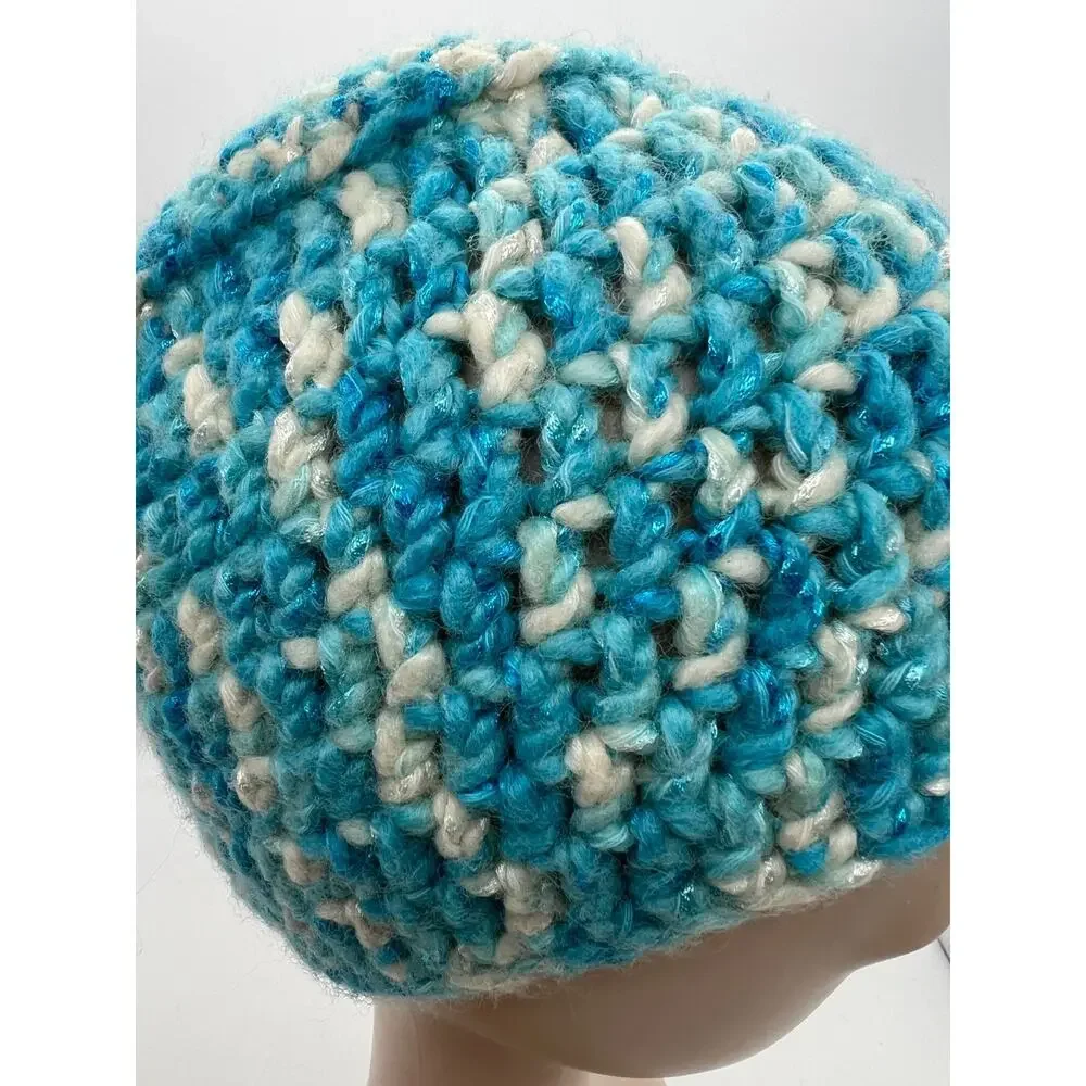Crochet Blue White Glitter Shimmer Woven‎ Beanie Cap Hat Winter Hat X-Small